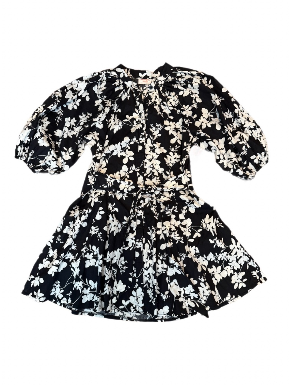 Showpo Black Floral Mini Dress Size Small Puff Sleeve Tie Waist